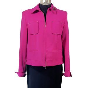 Anne Klein Zippered 4-Pocket Jacket in Hot Pink + Vintage Liz Claiborne Brooch